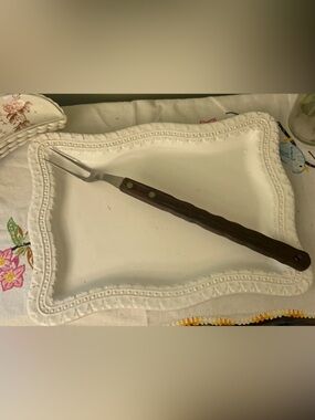 Vintage Granny Carving Fork with Wooden Handle 14 inches